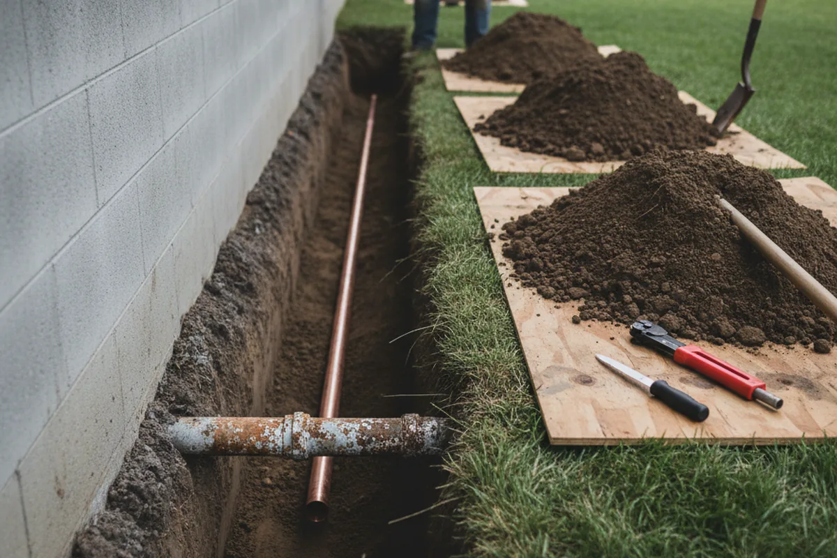 Excavated water line trench during Sewer Line Repair in Morven